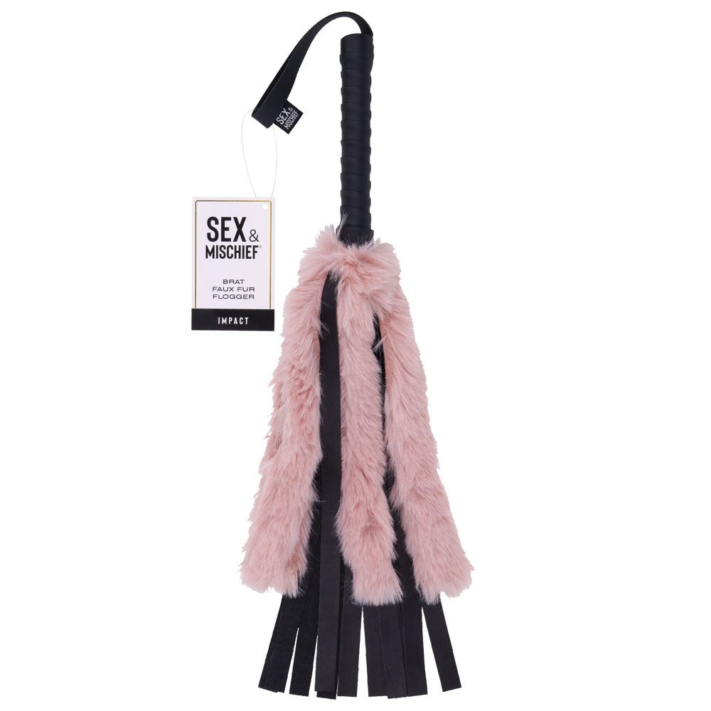 Sex & Mischief Brat Faux Fur Flogger - Black 50 cm Whip with Pink Faux Feather - BONDAGE - TOYS