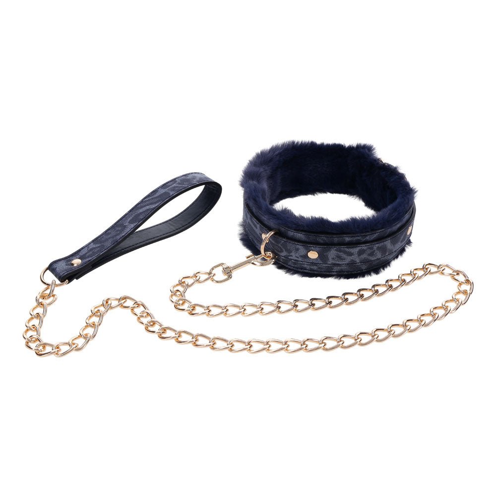 Sex & Mischief Cougar Fur Collar & Leash - Navy Blue/Gold Restraint - BONDAGE - TOYS
