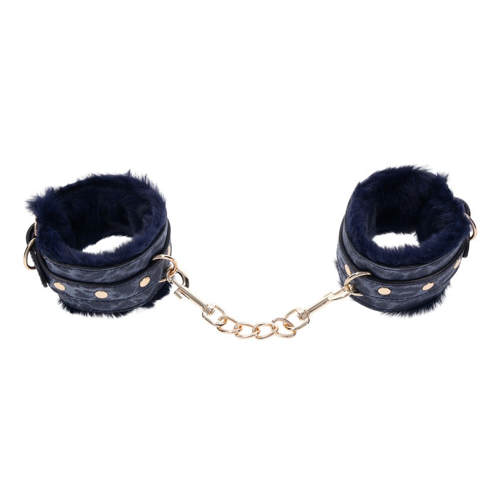 Sex & Mischief Cougar Fur Handcuffs - Navy Blue/Gold Furry Restraints - BONDAGE - TOYS