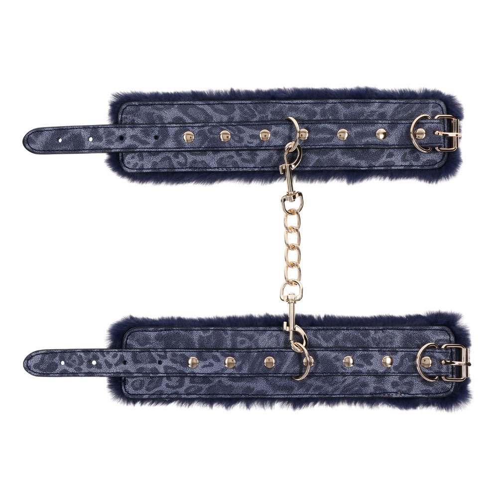Sex & Mischief Cougar Fur Handcuffs - Navy Blue/Gold Furry Restraints - BONDAGE - TOYS