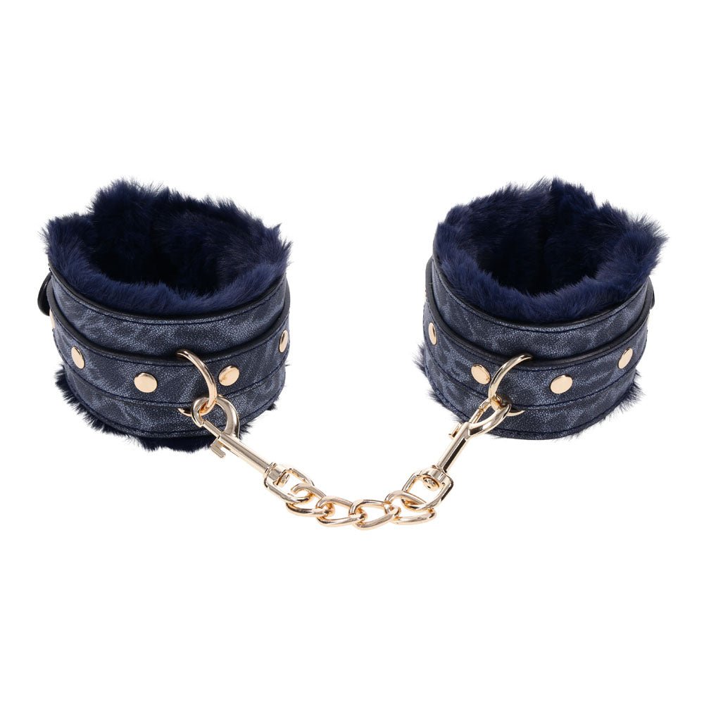 Sex & Mischief Cougar Fur Handcuffs - Navy Blue/Gold Furry Restraints - BONDAGE - TOYS