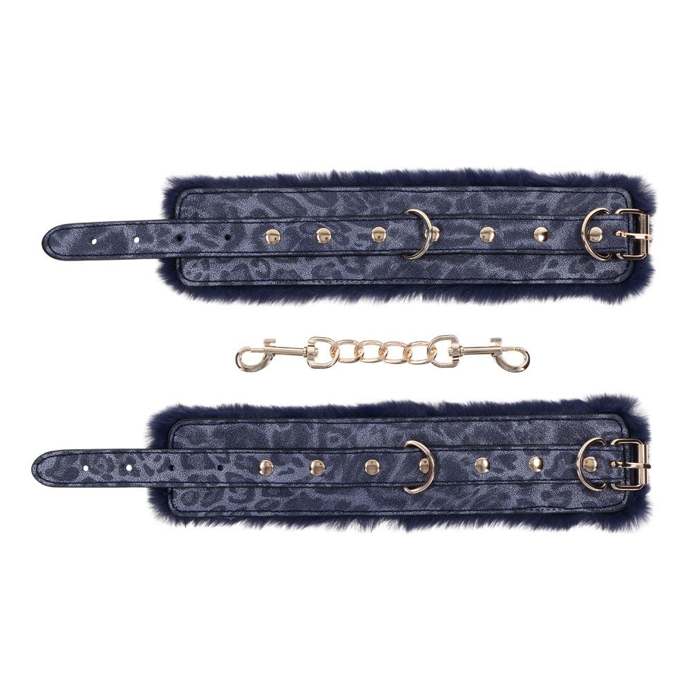Sex & Mischief Cougar Fur Handcuffs - Navy Blue/Gold Furry Restraints - BONDAGE - TOYS
