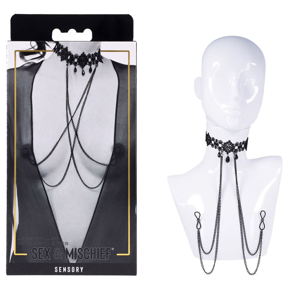 Sex & Mischief Lace Collar with Nipple Ties - Black Neck and Nipple Restraints - BONDAGE - TOYS