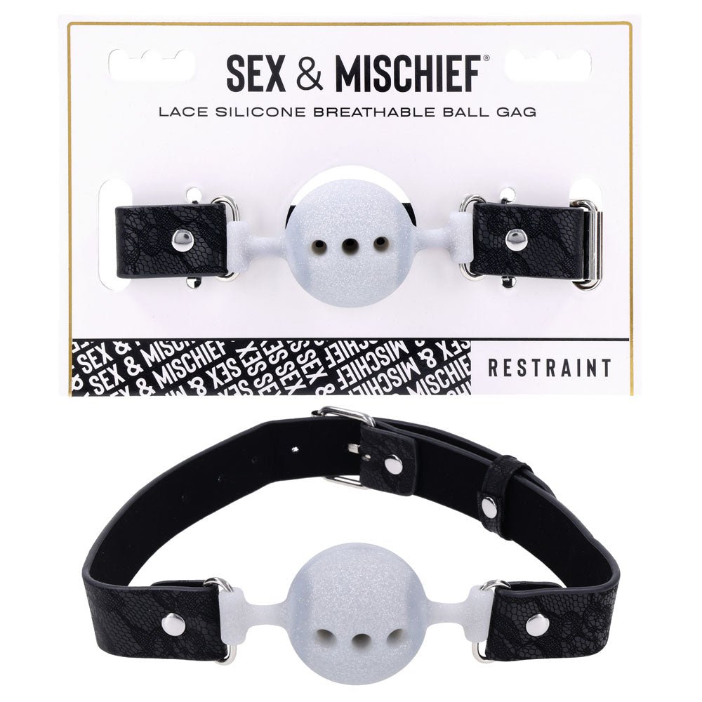 Sex & Mischief Lace Silicone Breathable Ball Gag - Black/Grey Mouth Restraint - BONDAGE - TOYS