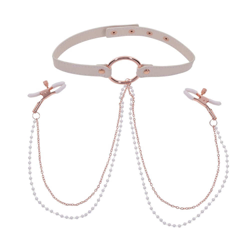 Sex & Mischief Peaches n CreaMe Collar with Nipple Clamps | Rose Gold - BONDAGE - TOYS
