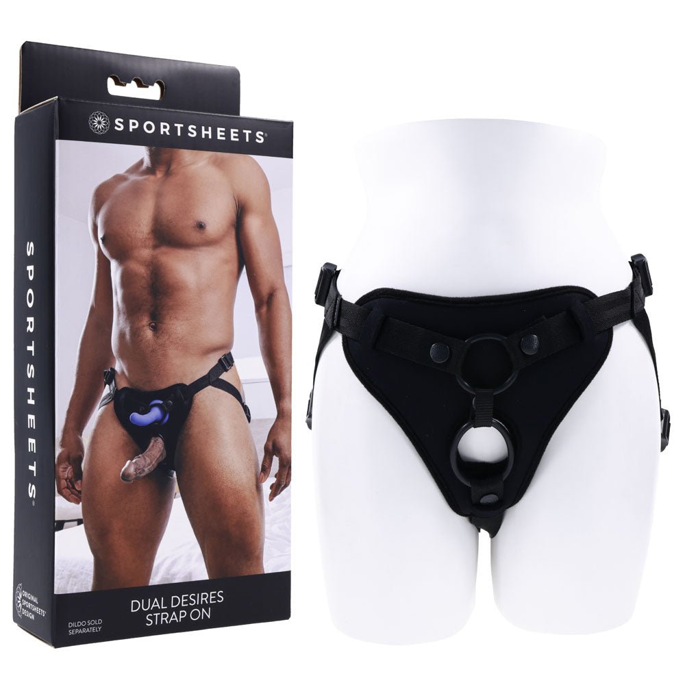 SPORTSHEETS Dual Desires Strap On - Black Adjustable Strap - On Harness (No Probe Included) - STRAP - ONS