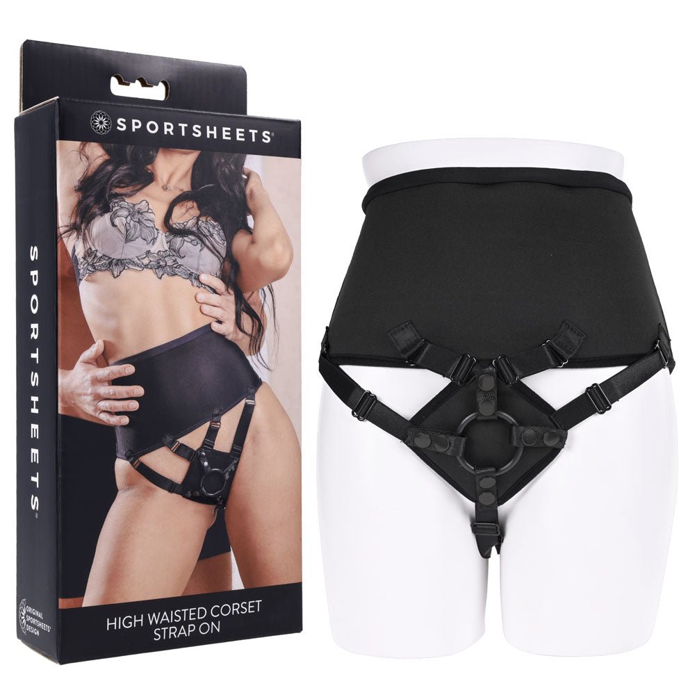 SPORTSHEETS High Waisted Corset Strap On - Black Adjustable Strap - On Harness (No Probe Included) - STRAP - ONS