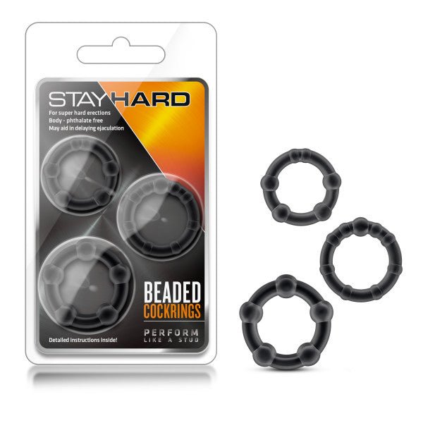 Stay Hard Beaded Cockrings - Black Cock Rings - Set of 3 Sizes - COCK RINGS