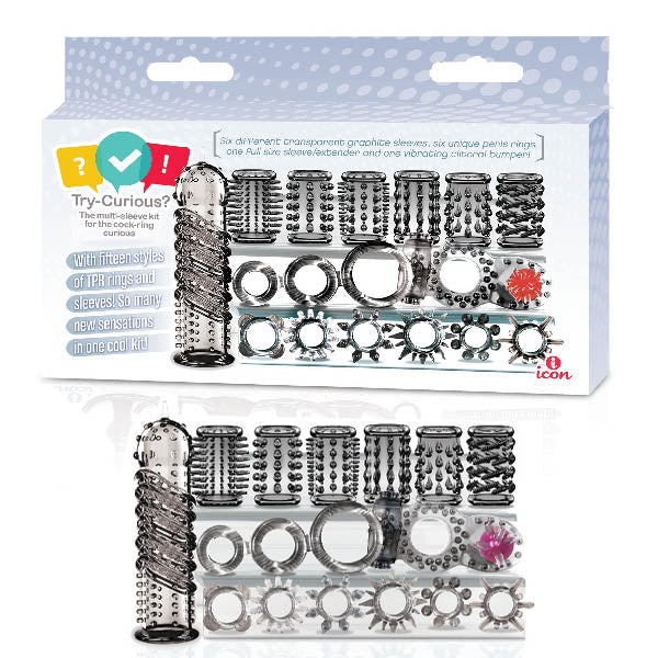 Try - Curious Cock Ring & Sleeve Set - Clear - 15 Piece Set - COCK RINGS