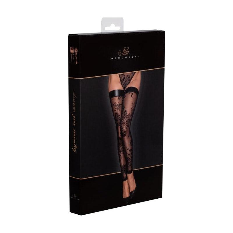 Tulle Stockings w Patterned Flock Embroidery & Power Wetlook Band - Lingerie