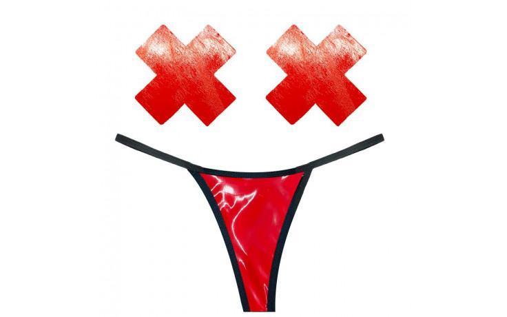 Vixen Red Wet Vinyl Pastie and G - String Set - Adult Toys