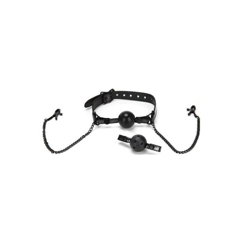 Whip Smart Diamond Ball Gag w Nipple Clips Black - Adult Toys