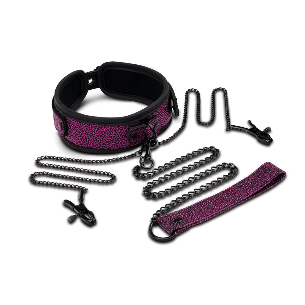 WhipSmart Dragons Lair Collar, Leash & Nipple Clips Set - Purple/Black Restraints - BONDAGE - TOYS