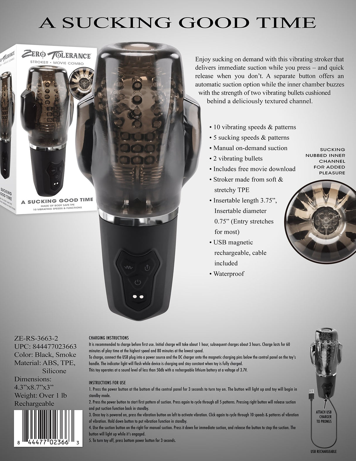 Zero Tolerance A SUCKING GOOD TIME - USB Rechargeable Sucking & Vibrating Stroker - MASTURBATORS