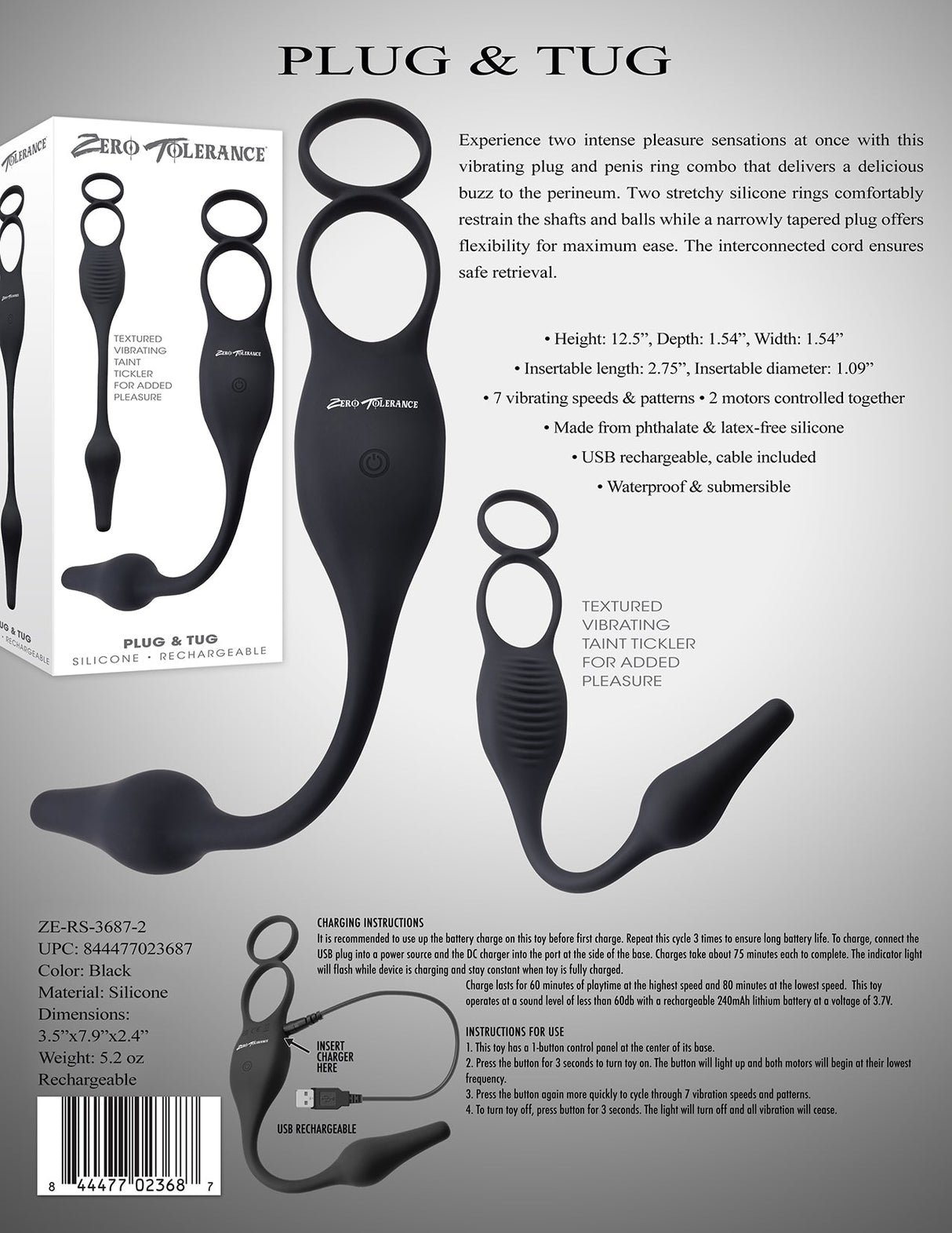 Zero Tolerance PLUG & TUG - Black USB Rechargeable Vibrating Cock Ring with Anal Plug - COCK RINGS