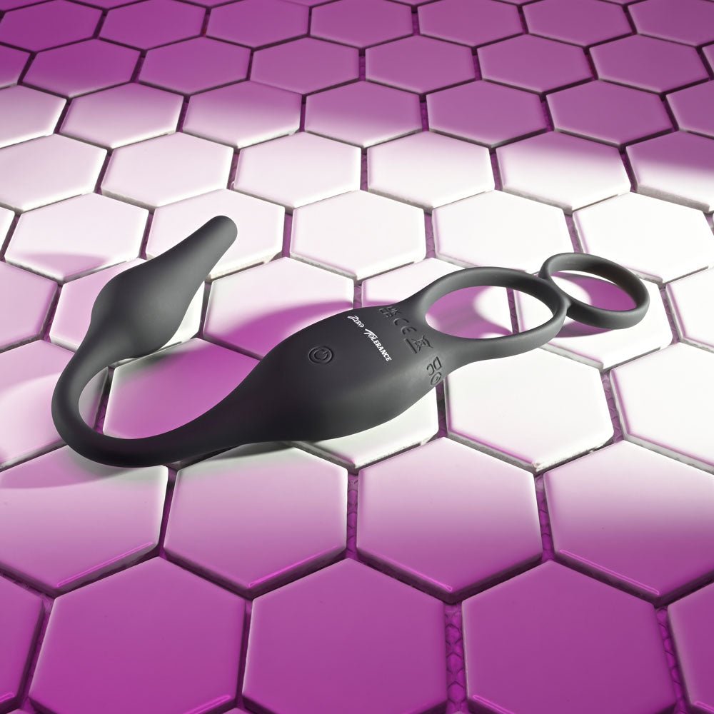 Zero Tolerance PLUG & TUG - Black USB Rechargeable Vibrating Cock Ring with Anal Plug - COCK RINGS