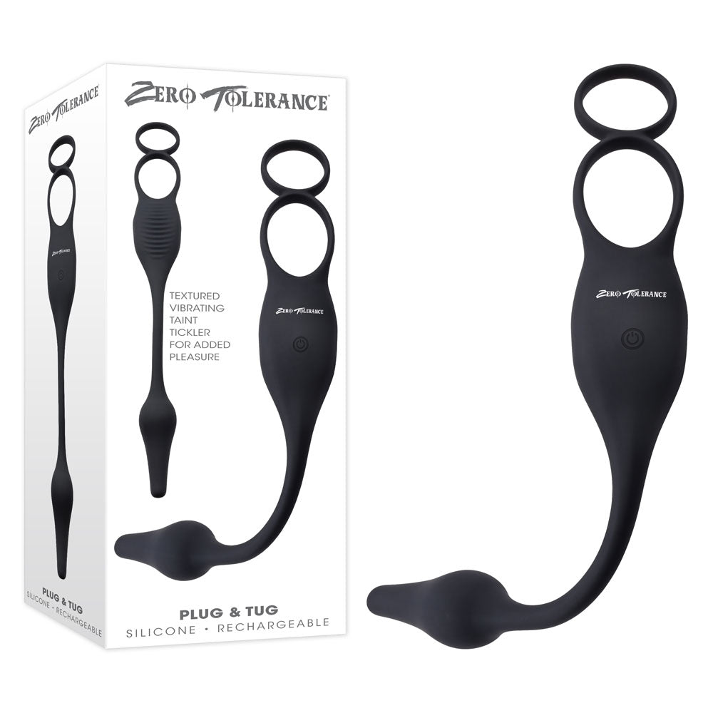 Zero Tolerance PLUG & TUG - Black USB Rechargeable Vibrating Cock Ring with Anal Plug - COCK RINGS