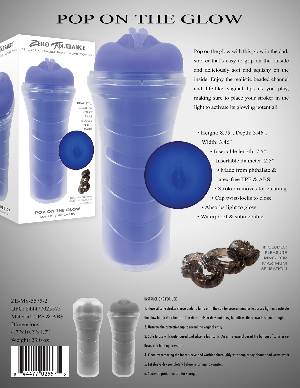 Zero Tolerance POP ON THE GLOW - Glow in Dark Vagina Stroker - MASTURBATORS