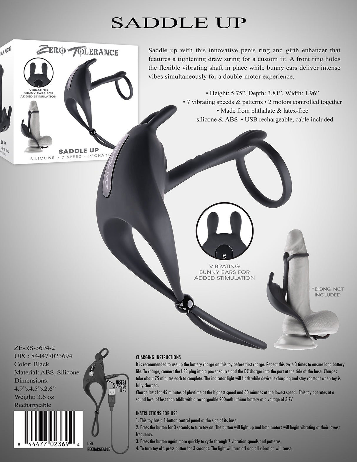 Zero Tolerance SADDLE UP - Black USB Rechargeable Vibrating Cock & Ball Rings - COCK RINGS