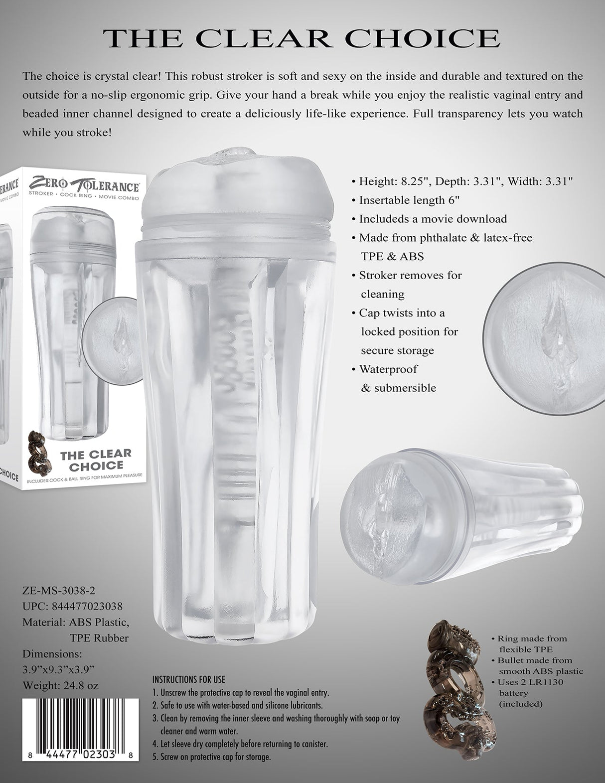 Zero Tolerance THE CLEAR CHOICE - Clear 21 cm Vagina Stroker - MASTURBATORS