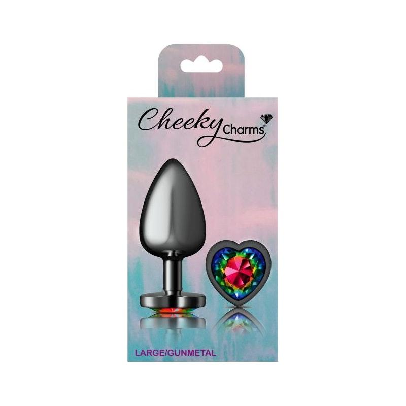 Cheeky Charms Gunmetal Butt Plug w Heart Rainbow Jewel Large - Adult Toys
