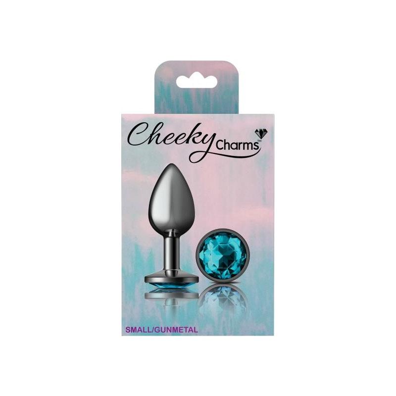 Cheeky Charms Gunmetal Round Butt Plug w Teal Jewel Small - Naughty by Nature Adult Store