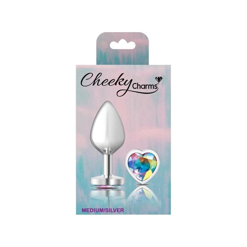 Cheeky Charms Silver Metal Butt Plug w Heart Clear Jewel Medium - Naughty by Nature Adult Store