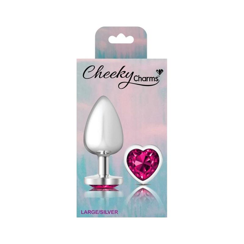 Cheeky Charms Silver Metal Butt Plug w Heart Pink Jewel Large - Naughty by Nature Adult Store