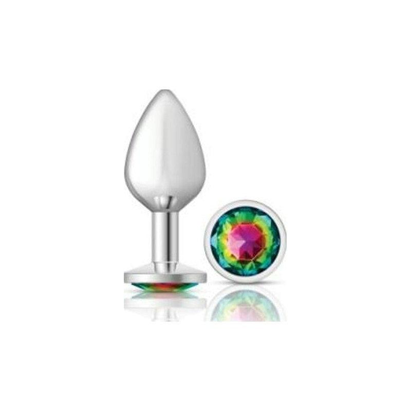 Cheeky Charms Silver Round Butt Plug w Rainbow Jewel Medium - Adult Toys