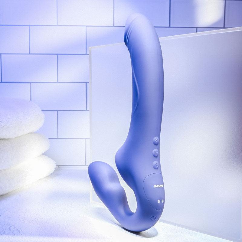 Evolved 2 BECOME 1 - Purple 23.5 cm USB Rechargeable Strapless Strap - On with Remote - STRAP - ONS