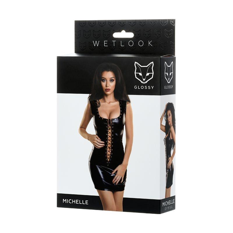 Glossy Michelle Wetlook Lingerie Dress with Studs - Black Mini Dress - Lingerie