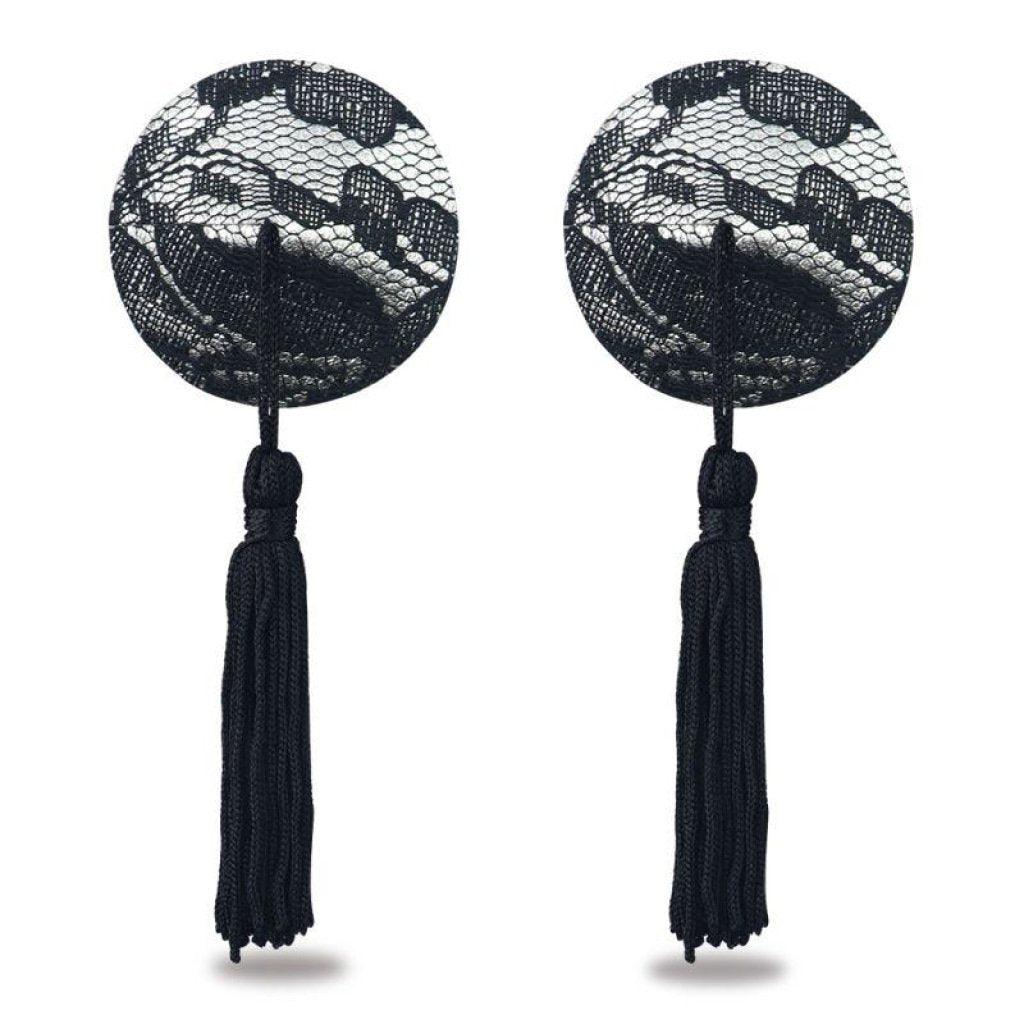 Lovetoy Reusable Black Lace Round Nipple Pasties with Tassels - Adult Toys