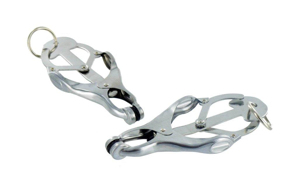 Master Series Ringed Monarch Chrome Nipple Clamps with O - Ring - Adult Toys