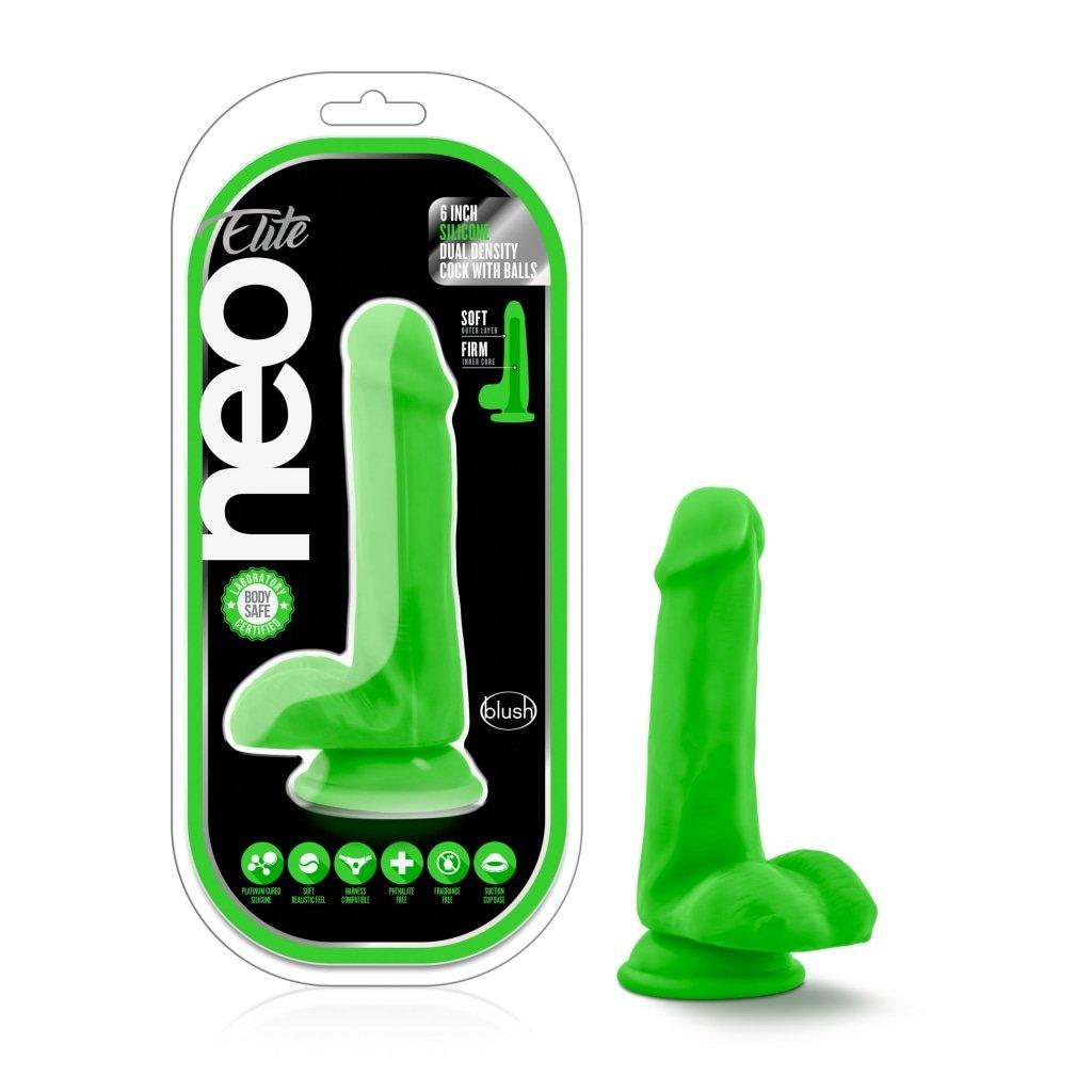 Neo Elite 6in Silicone Dual Density Cock with Balls Neon Green - Naughty by Nature Adult Store