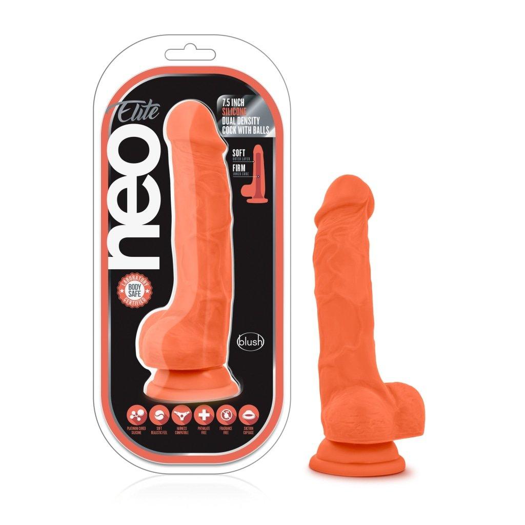 Neo Elite 7.5in Silicone Dual Density Cock with Balls Neon Orange - Naughty by Nature Adult Store