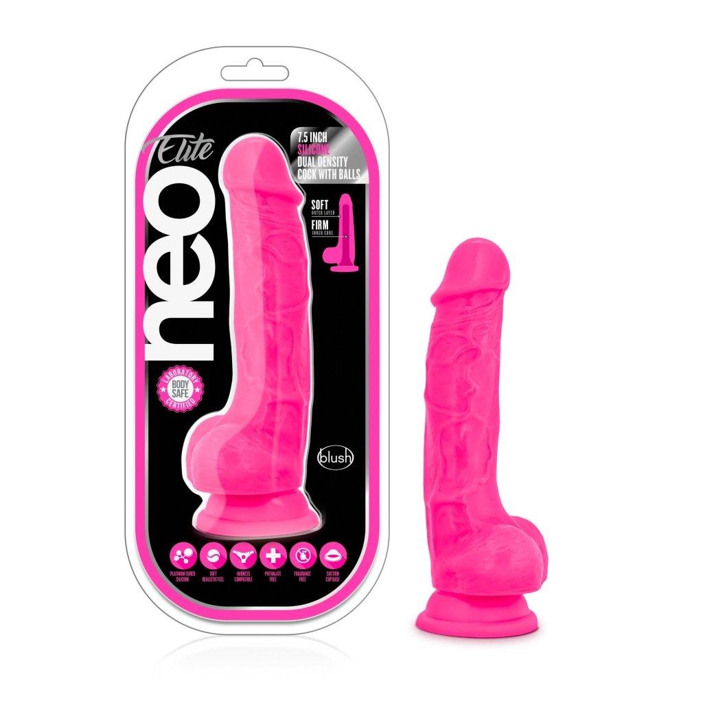 Neo Elite 7.5in Silicone Dual Density Cock with Balls Neon Pink - Naughty by Nature Adult Store