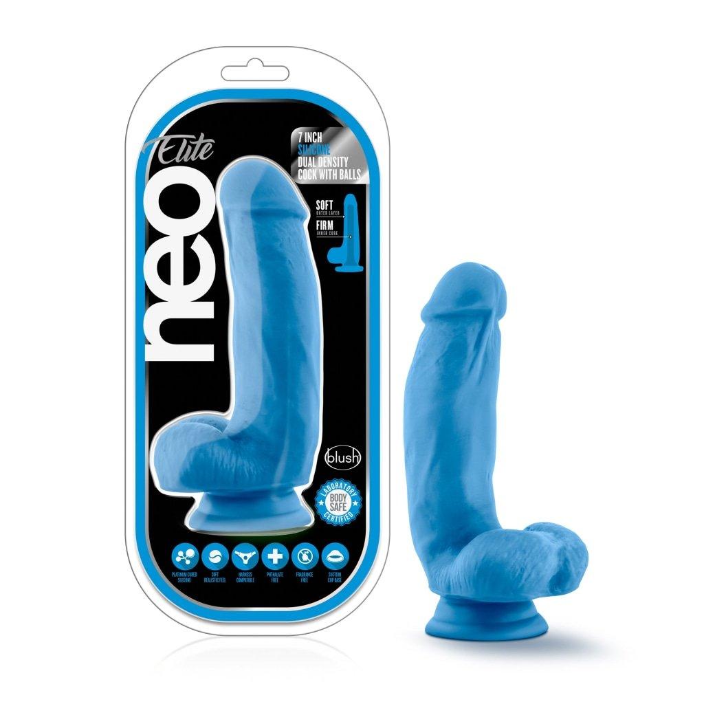 Neo Elite 7in Silicone Dual Density Cock with Balls Neon Blue - Naughty by Nature Adult Store