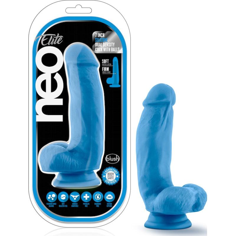 Neo Elite 7in Silicone Dual Density Cock with Balls Neon Blue - Naughty by Nature Adult Store