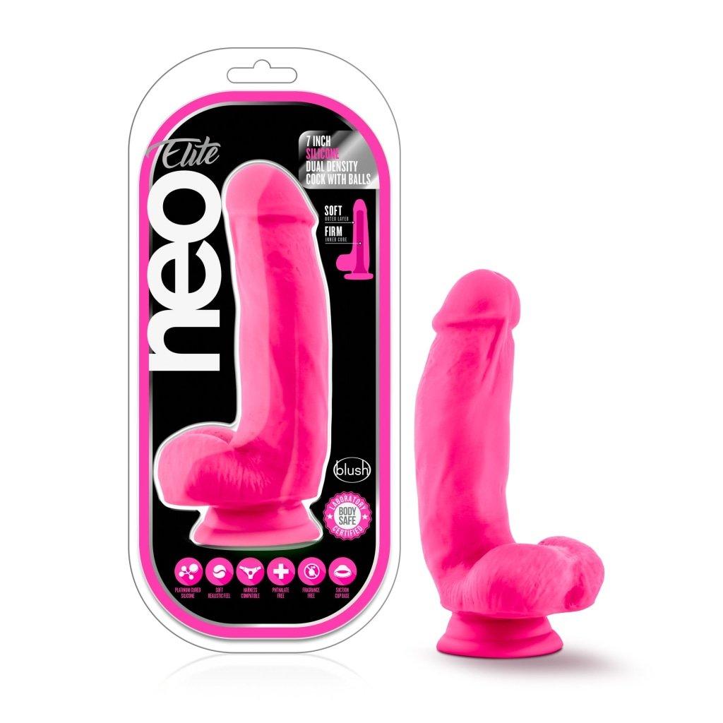 Neo Elite 7in Silicone Dual Density Cock with Balls Neon Pink - Naughty by Nature Adult Store