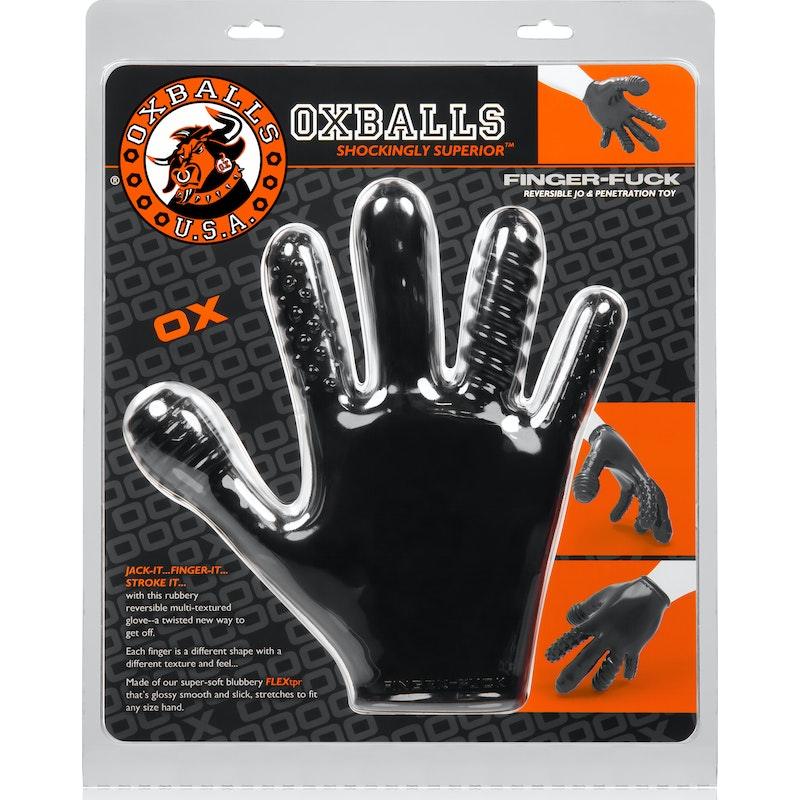 OxBalls Finger Fuck Glove – Textured Rubber Fisting Glove in Black - Adult Toys