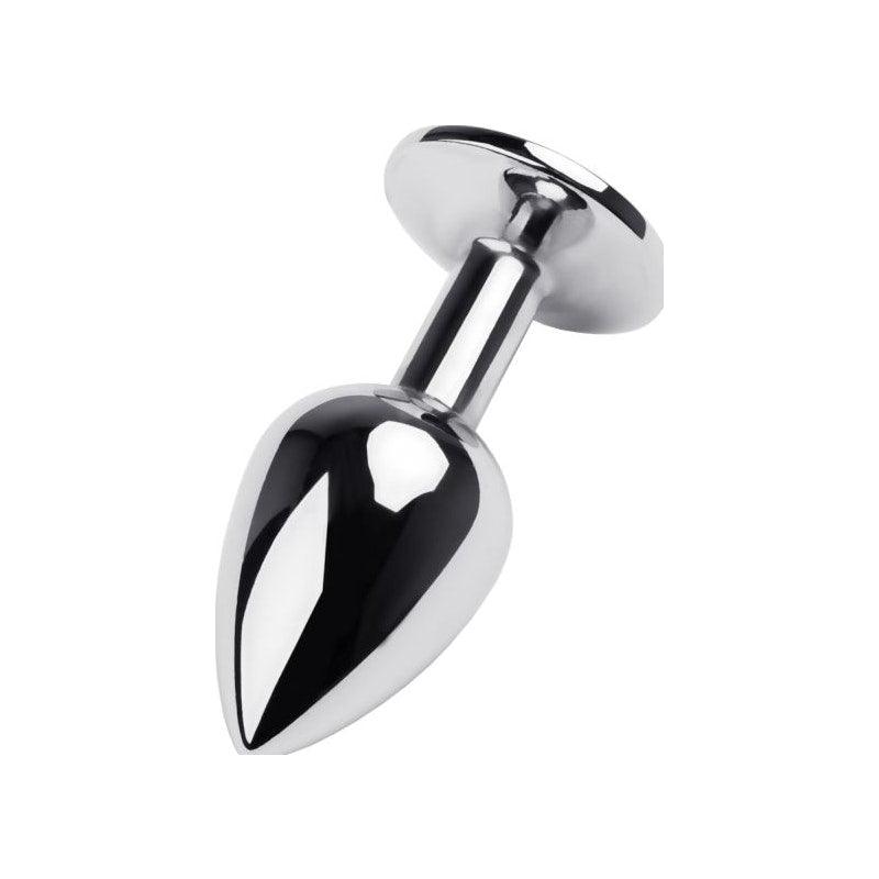 Silver Metal Anal Plug w Black Gem Small - Adult Toys