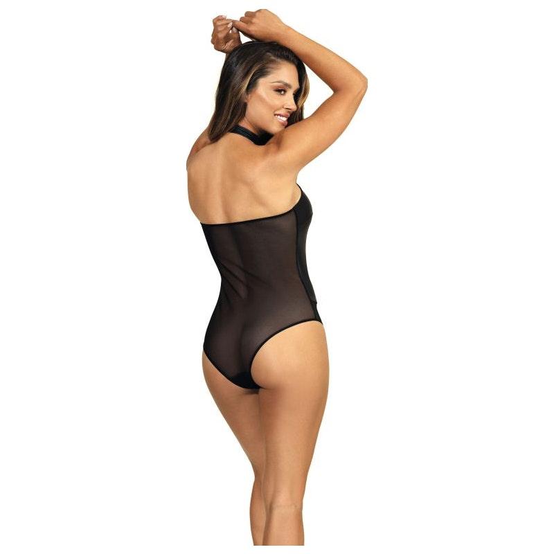Stretch Wetlook Mesh Panel Bodysuit Black - Lingerie