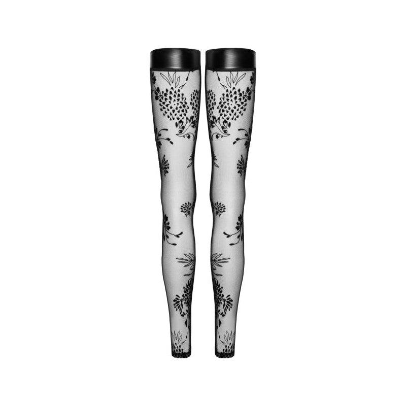 Tulle Stockings w Patterned Flock Embroidery & Power Wetlook Band - Lingerie
