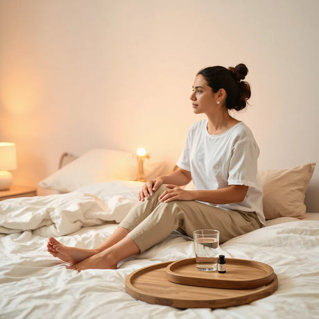 Couple sitting on a bed with soft warm lighting, suggesting calm support for sexual health control.