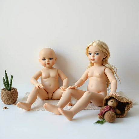 Lifelike adult dolls posed on a clean studio backdrop with realistic facial and skin details