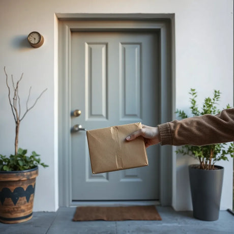 A courier hands an unmarked package to a home door for discreet, private delivery.