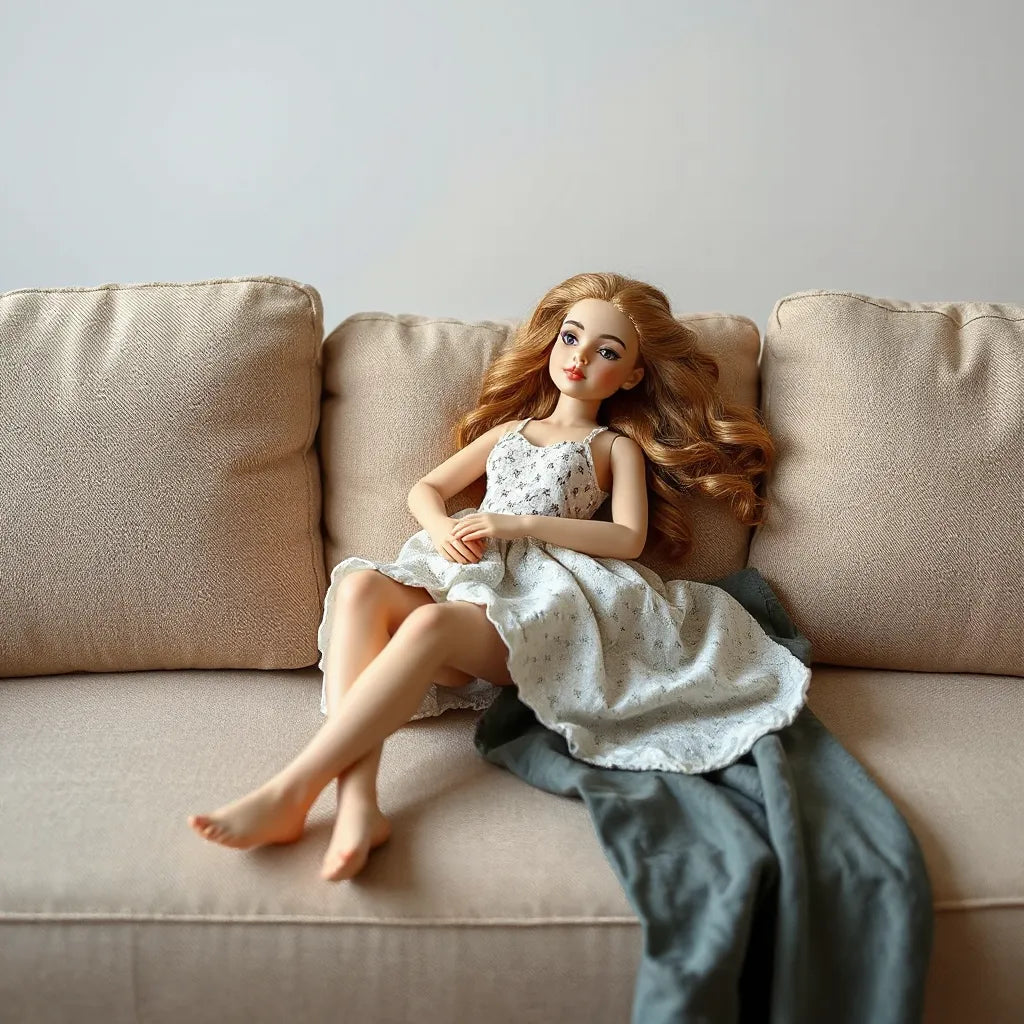 A realistic adult love doll lounging on a neutral couch in soft, natural studio light