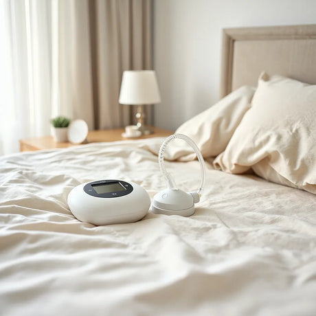 Discreet adult suction pump device on neutral bedding in soft natural light