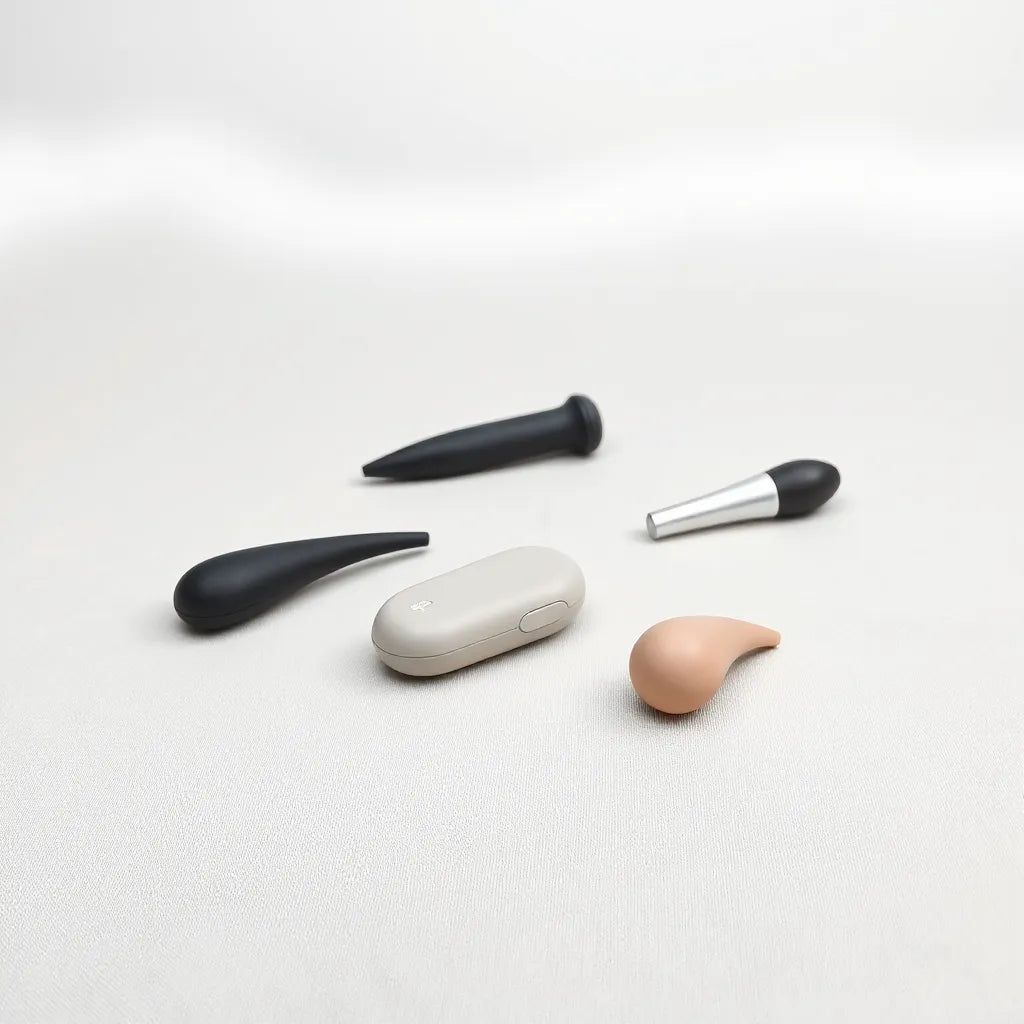 Sleek enhanced masturbation devices with soft-touch textures arranged on a neutral fabric surface