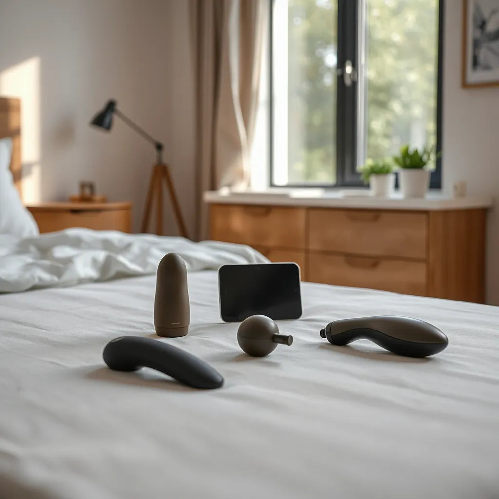 Beginner-friendly sex toys arranged neatly on a tabletop with soft natural light